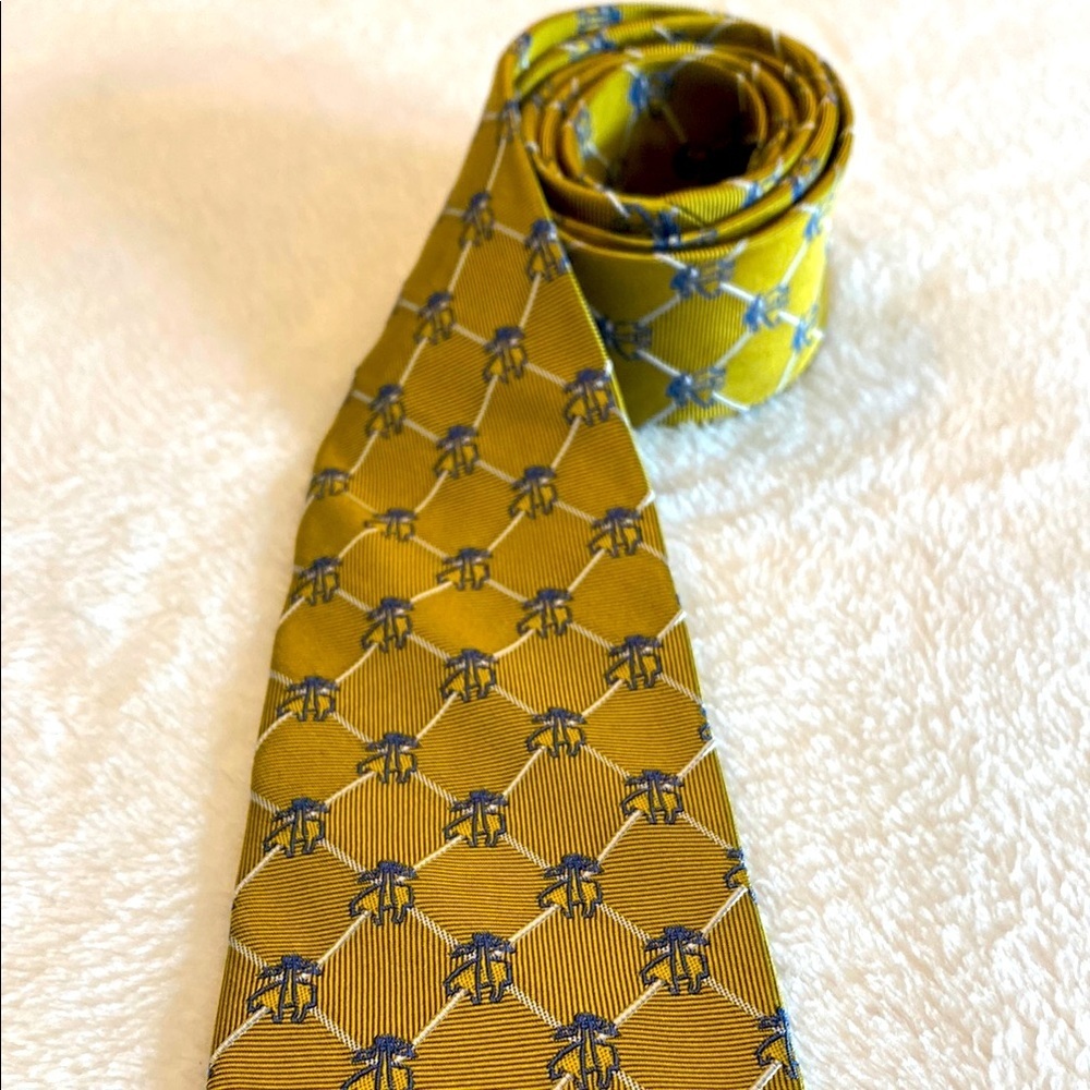 Brooks Brothers Yellow and Blue Silk Tie with Brooks Logo Pattern